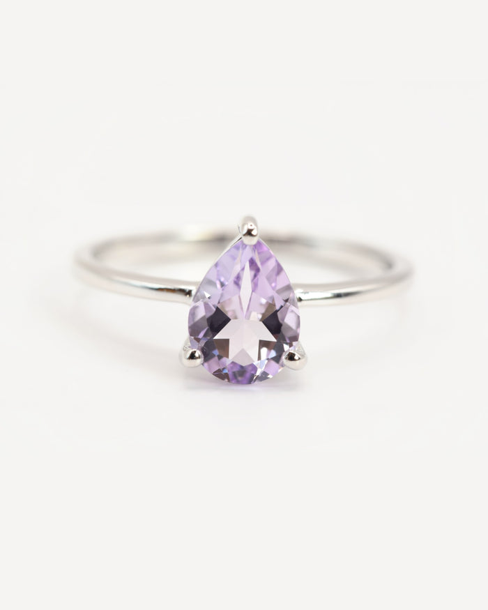 Goutte Ring mit Pink Amethyst, 925er Sterlingsilber rhodiniert – Frontansicht